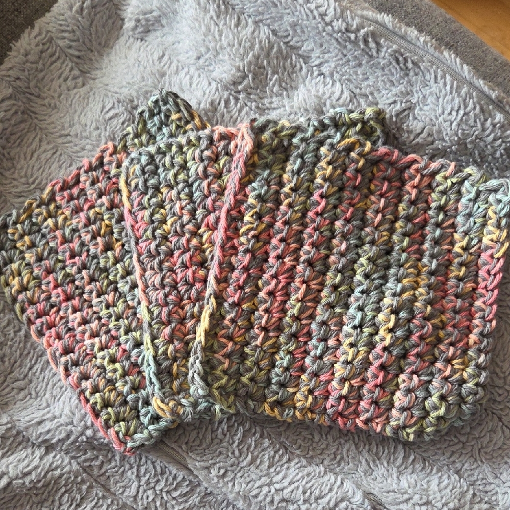 Handmade 3 Piece Set of Crocheted 100% Cotton Washcloths in Rainbow & Gray